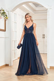 CEILIM | lace applique a-line Vneck straps dress with mesh skirt long side slits.