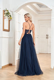 CEILIM | lace applique a-line Vneck straps dress with mesh skirt long side slits.